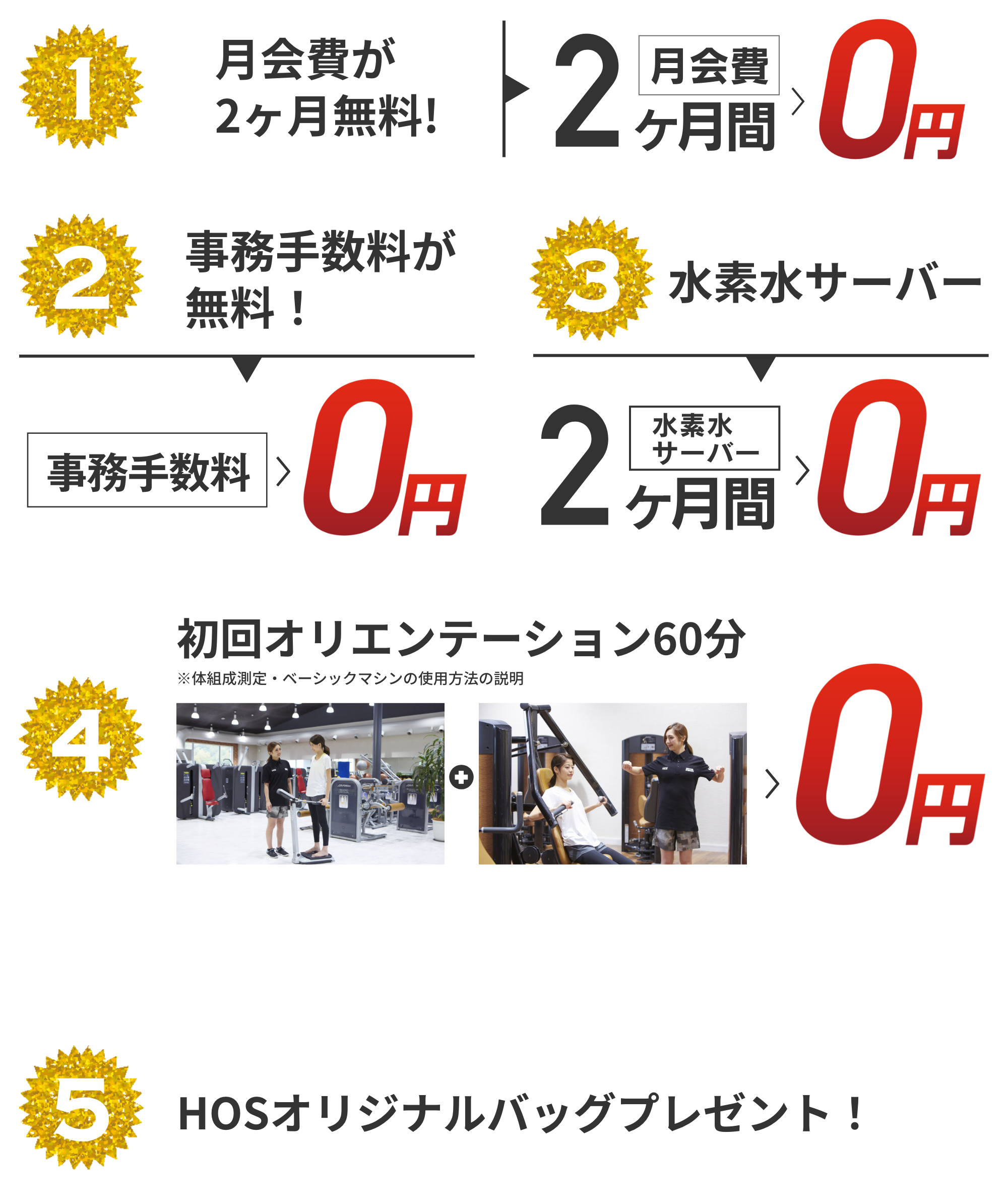 入会特典 １_月会費が２ヶ月無料　2_事務手数料が無料 3_水素水サーバーが２ヶ月無料 4_初回オリエンテーション60分無料 5_HOSオリジナルバッグプレゼント さらに学生さんには 6_入会金０円 7_更に選べる特典